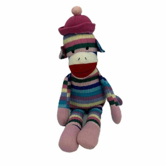Toys R US Rainbow Striped Sock Monkey Knit Plush Stuffed Toy with Hat 20" TM - Picture 1 of 7